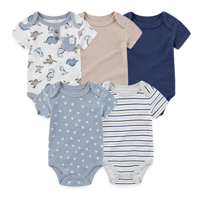 Baby Bodysuit Multipack in Cotton, 4- or 5-Piece Short Sleeve Infant Clothing with Printed and Solid Designs for Boys and Girls, Sizes 3M-12M