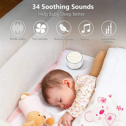34-Sound White Noise Machine with 7-Color Dimmable Night Light, 32 Volume Levels, 30/60/90-Minute Timer and USB-C Rechargeable Battery