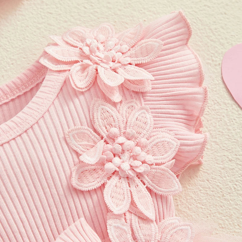 Flower Applique Baby Girl Romper Dress with Headband, Lace Mesh Skirt and Waist Bow, Cotton Blend Summer Occasion Outfit for 0-18 Months