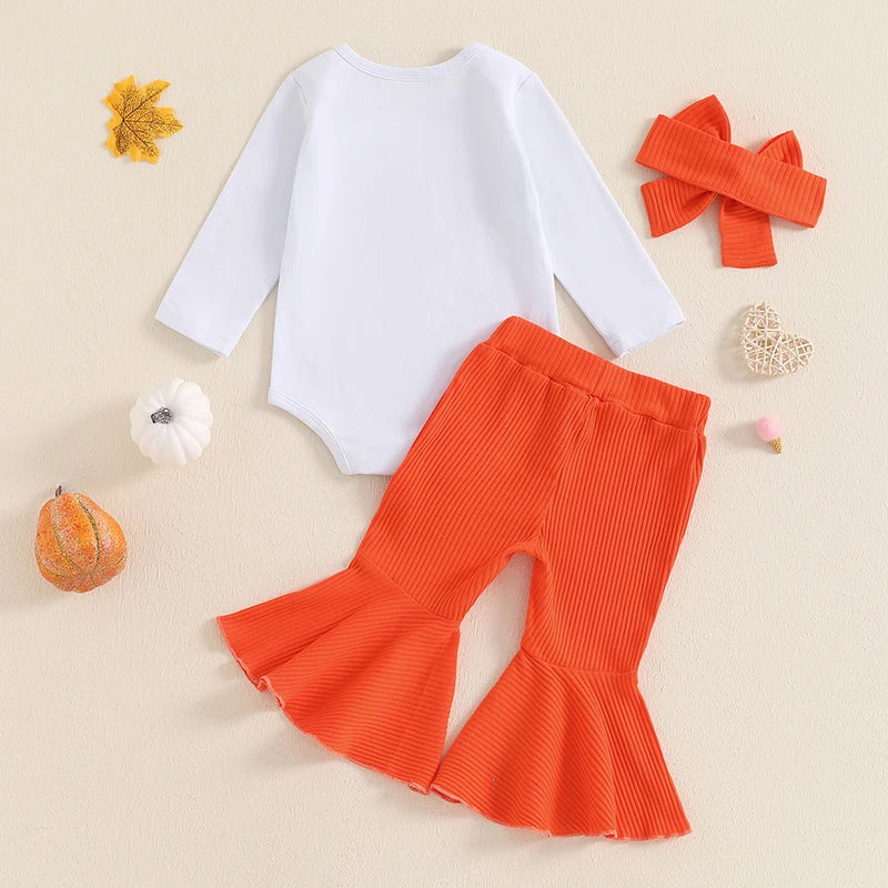 Baby Girl Pumpkin Outfit with Long Sleeve Bodysuit, Orange Ribbed Bell Bottom Pants and Bow Headband, Three-Piece Halloween Set for 0-18 Months