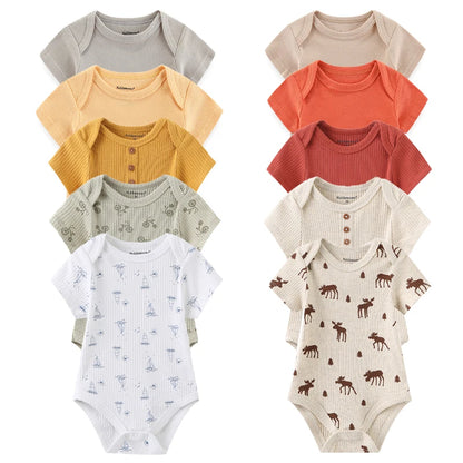 Infant Cotton Bodysuits 5-Pack with Short Sleeves and Envelope Shoulders, Solid Colors and Playful Prints for Baby Boys and Girls, Sizes 3M-12M