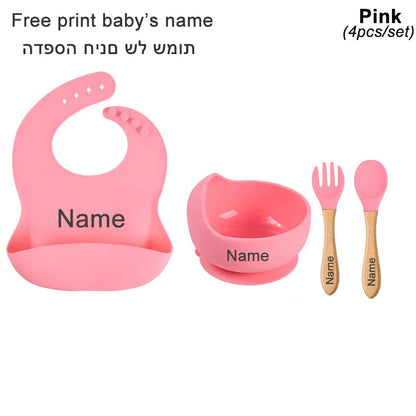 Personalized Baby Feeding Set with Silicone Suction Plate, Bowl, Spoon and Fork, 4-Piece or 6-Piece Tableware Options for Supervised Mealtimes
