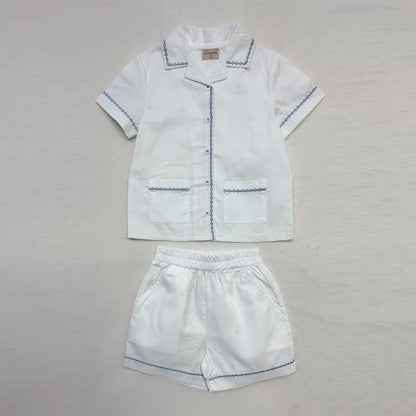 Matching Sibling Clothes with Classic Blue Trim, Shirts, Shorts, Overalls, Dresses and Cardigan Options for Baby Boys, Girls and Kids