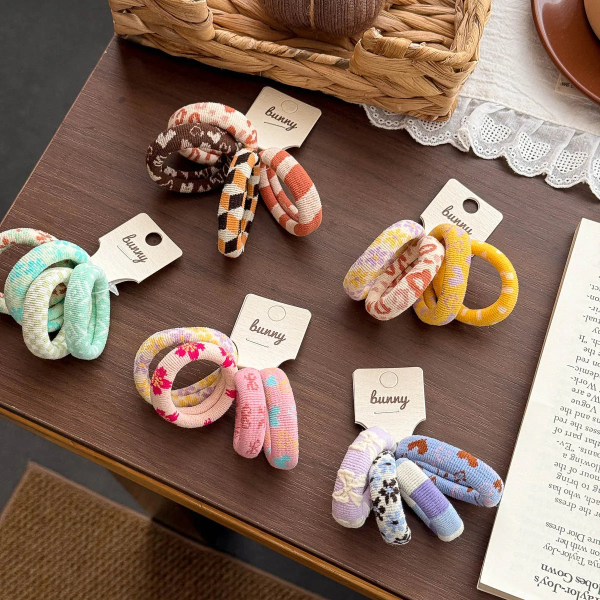 Floral and Plaid Hair Ties for Girls, Textured Elastic Ponytail Bands in Orange, Purple, Green, Yellow or Pink for Everyday Outfit Styling