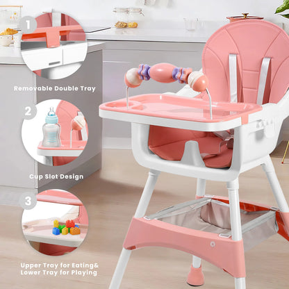 Baby Dining High Chair with Removable Double-Layer Tray, Convertible Toddler Seating with Adjustable Footrest and Toy Rack for Family Mealtimes