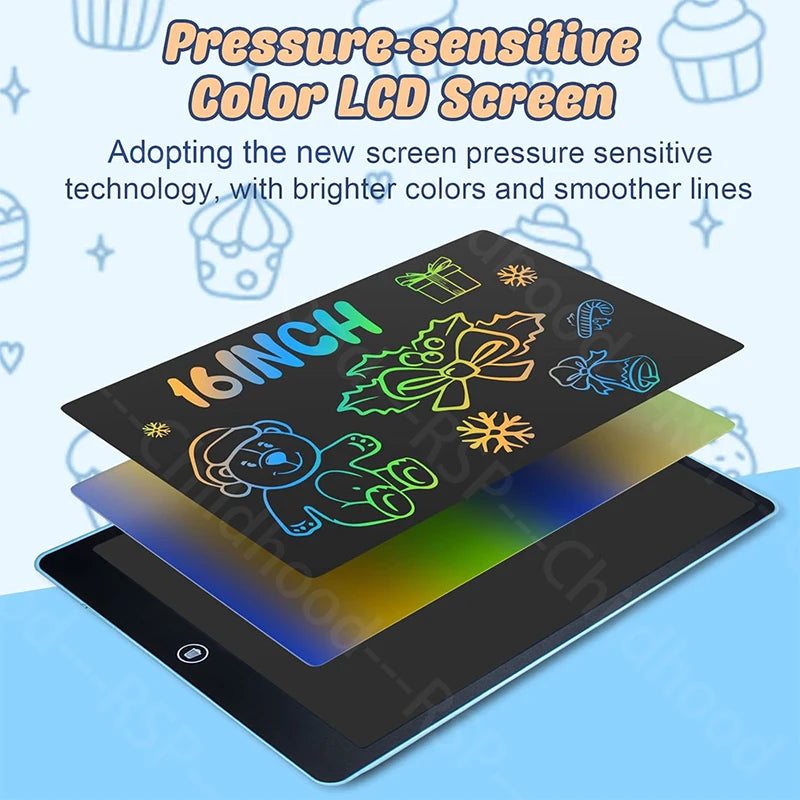 16-Inch Color LCD Drawing Board, Reusable Kids Writing Tablet with Erase Lock Switch and POM Stylus for Doodles, Letters and Number Practice