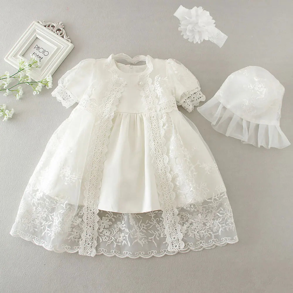 Baby Baptism Gown for Girls with Long Sleeves, Lace Details and Cotton Lining, Dress and Cap Set for Christening and First Birthday Photos
