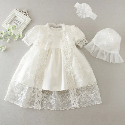 Baby Baptism Gown for Girls with Long Sleeves, Lace Details and Cotton Lining, Dress and Cap Set for Christening and First Birthday Photos