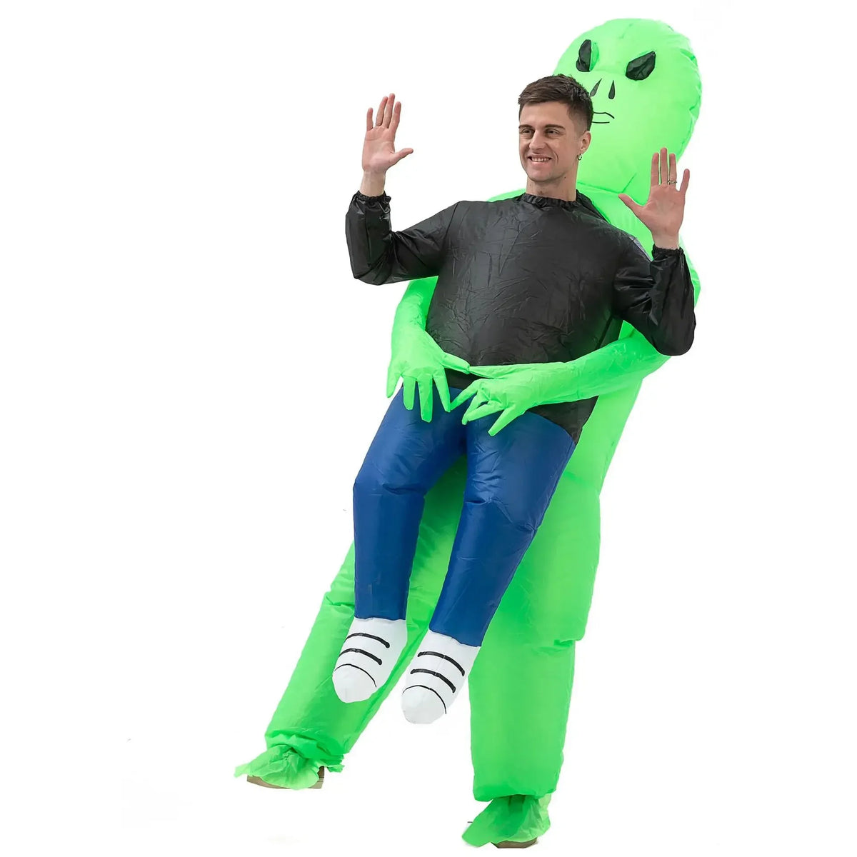 Carry-Me Alien Inflatable Costume for Kids and Adults, Green Abduction Illusion Suit with Fan and Battery Case for Halloween Parties and Stage Shows