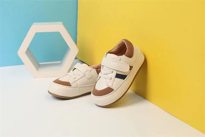 Baby Colorblock Strap Sneakers in Microfiber Leather, DIMI Low-Top Casual Shoes for Boys and Girls in Blue Pink or Brown, Spring and Fall Outfits