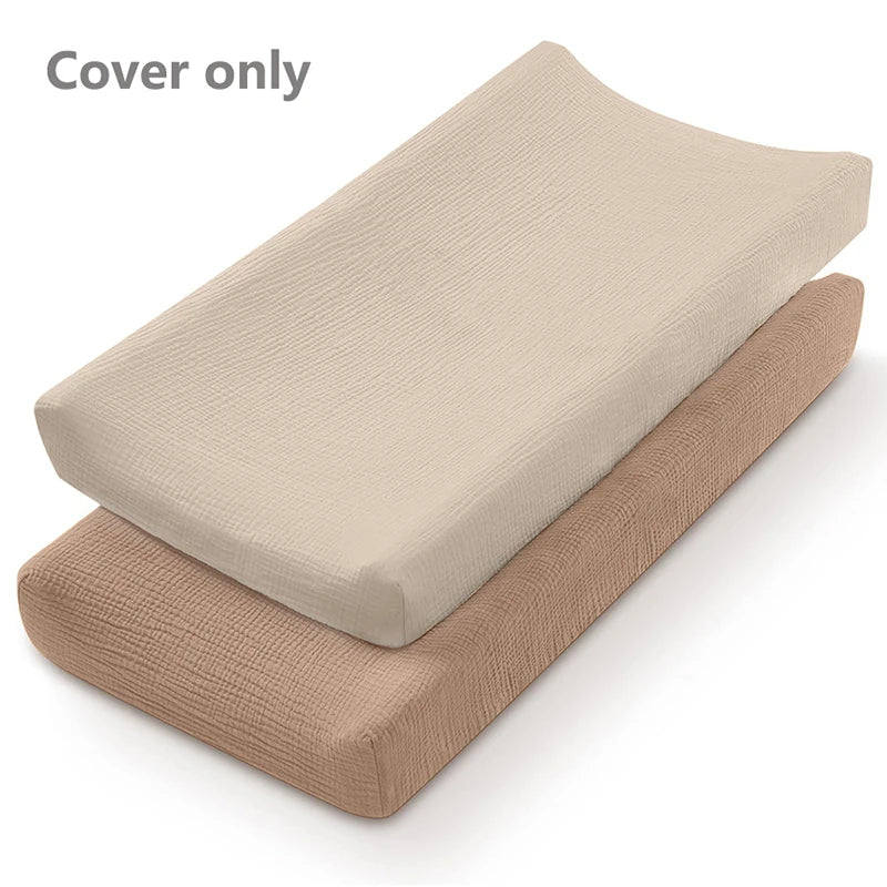 Muslin Cotton Changing Pad Covers 2-Pack with Elastic Edges, Double-Layer Baby Diaper Mat Covers for Newborn Nursery Care and Baby Shower Gifts