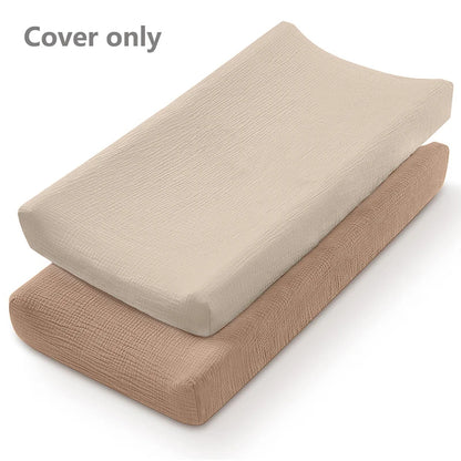 Muslin Cotton Changing Pad Covers 2-Pack with Elastic Edges, Double-Layer Baby Diaper Mat Covers for Newborn Nursery Care and Baby Shower Gifts
