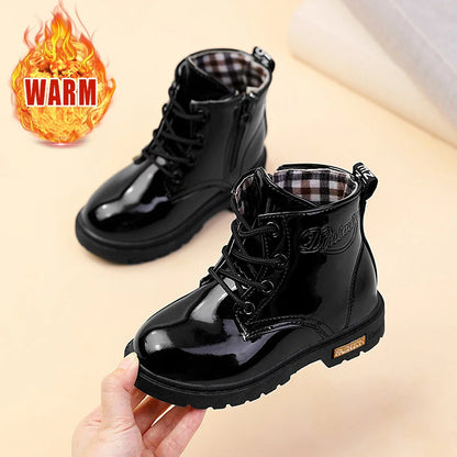 Lace-Up Kids Ankle Boots in PU Leather, Side-Zip Casual Shoes for Boys and Girls with Plush-Lined Options, Five Colors and Sizes 21-36