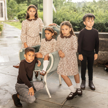 Brown Floral Sibling Matching Outfits with Cotton Girls Dresses and Baby Bloomer Sets, Coordinating Cardigans and Plaid Boys Pants or Overall Shorts