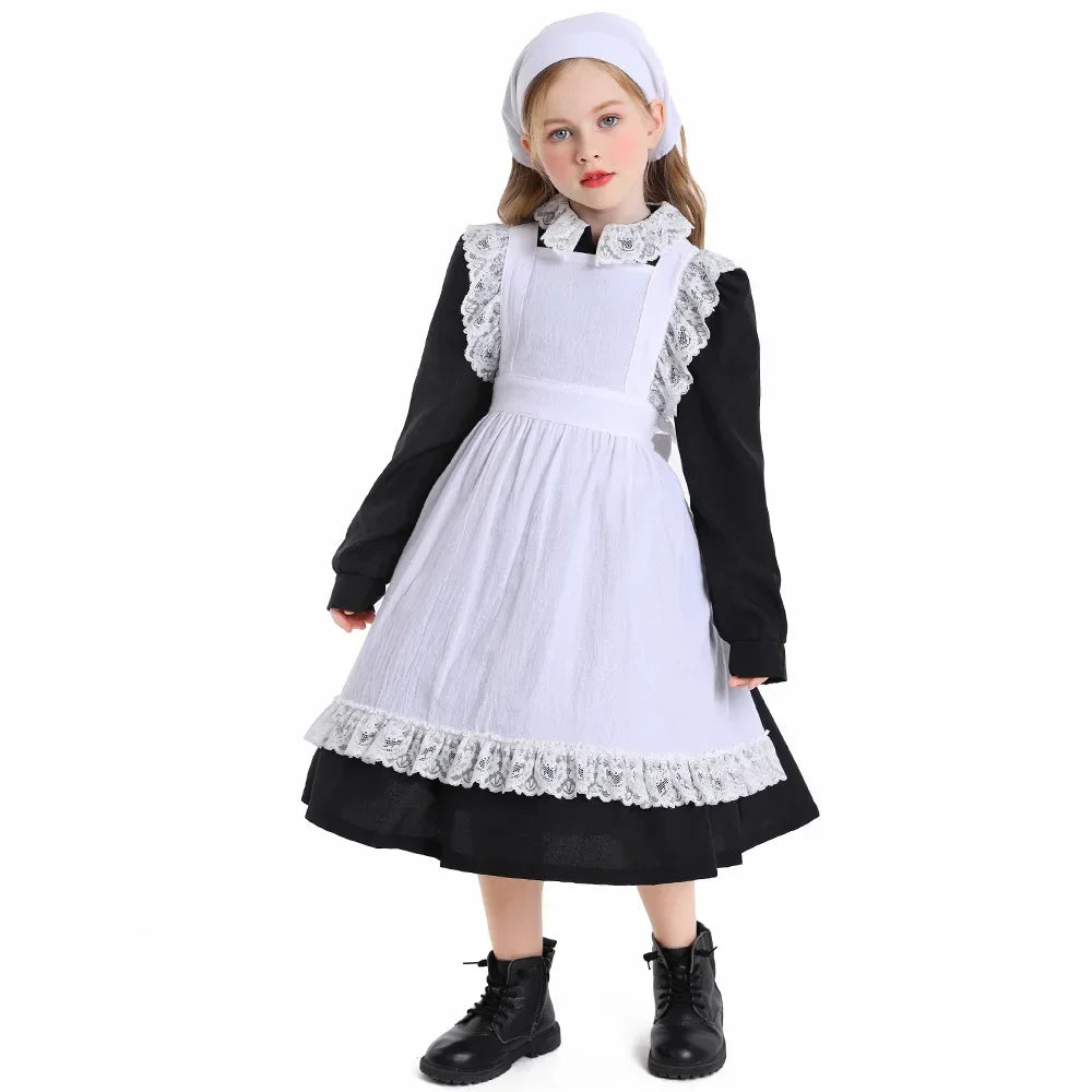 Girls Pioneer Prairie Costume Dress with Apron and Bonnet Options for Colonial School Plays, Historical Dress-Up and Halloween Events