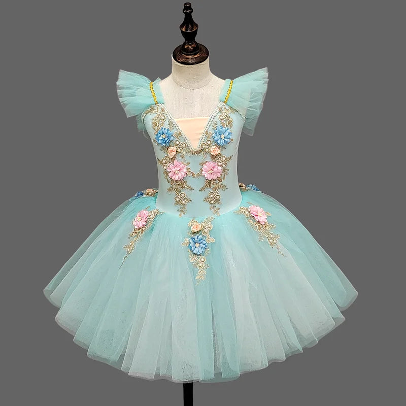 Floral Girls Ballet Tutu Dress with Ruffled Shoulders and Layered Skirt for Dance Recitals, Stage Performances and Group Costumes, Sizes 110-160