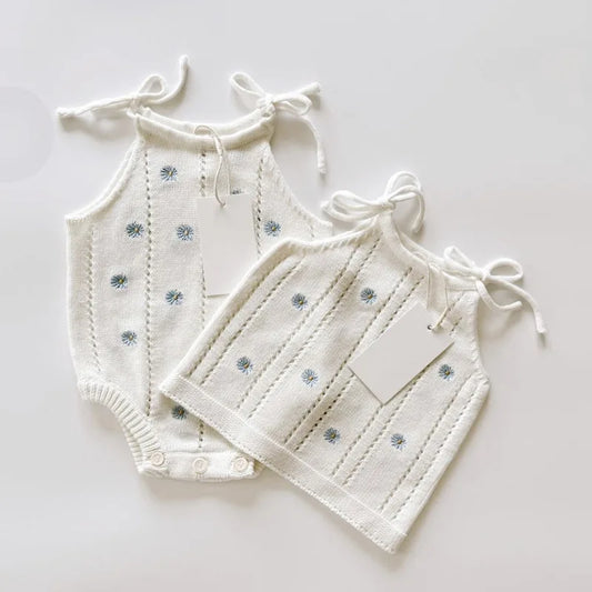 Sleeveless Baby Girl Bodysuit with Floral Cotton Knit and Tie Shoulders, White Openwork Summer One-Piece Outfit for Family Photos, 0-24M