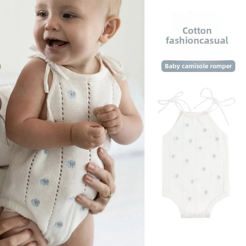 Sleeveless Baby Girl Bodysuit with Floral Cotton Knit and Tie Shoulders, White Openwork Summer One-Piece Outfit for Family Photos, 0-24M