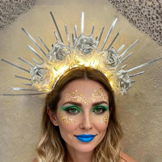 Rose Sunburst Goddess Crown, Gold or Silver Floral Halo Headband with Optional LED Lights for Festivals, Halloween Costumes and Party Photos