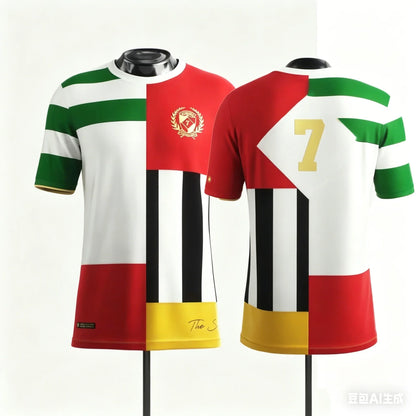 Number 7 Soccer Fan Shirt for Kids and Adults, Short Sleeve Football Jersey Style Top with Black Graphic and White Gold Designs for Family Matching