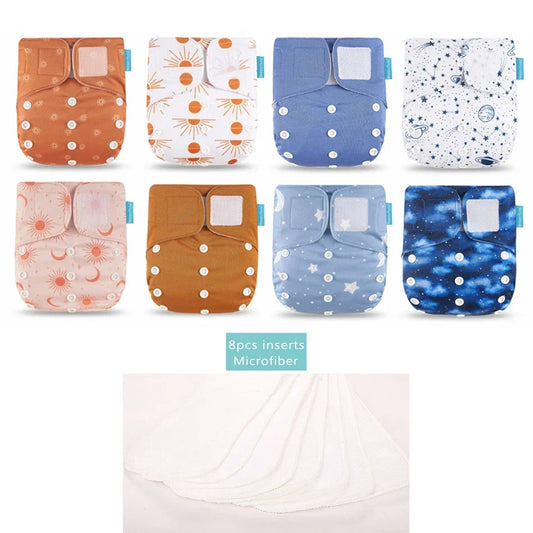 Cloth Diaper Set with Inserts, HappyFlute 8 Washable Baby Nappies and 8 Microfiber Pads with Adjustable Rise Snaps and Printed Water-Resistant Outer