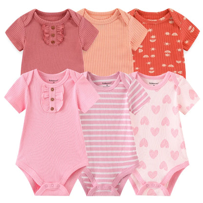 Baby Cotton Bodysuit Set, 6-Piece Short Sleeve Outfits with Envelope Shoulders and Snap Crotch for Boys and Girls, Sizes 3M-12M