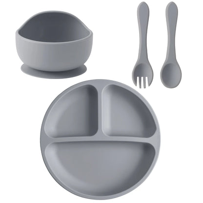 Four-Piece Silicone Baby Feeding Set with Three-Section Suction Plate, Bowl, Spoon and Fork for Supervised Toddler Meals in Ten Color Options