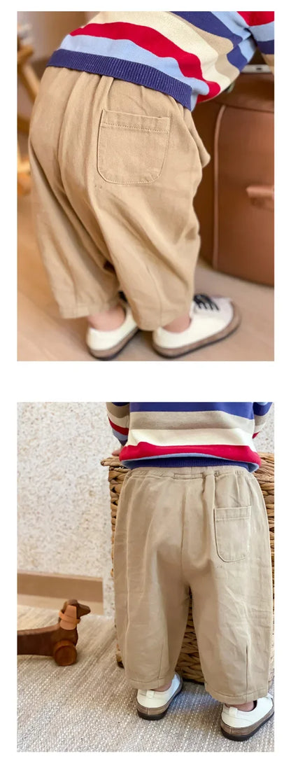 Toddler Pull-On Pants with Elastic Waist and Back Pocket, Solid Color Loose Ankle-Length Trousers for Boys and Girls, Sizes 12M-5T