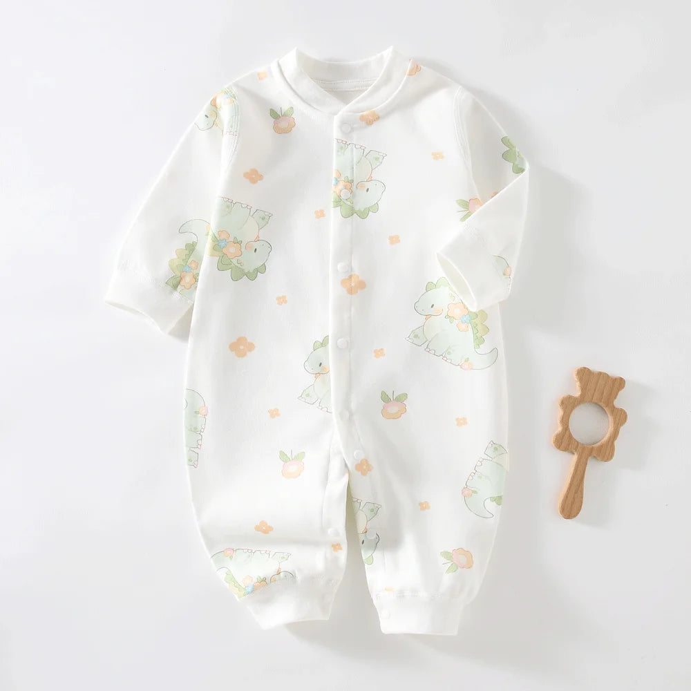 Long Sleeve Cotton Baby Romper with Front Snaps and Footless Cuffs, Animal Prints and Solid Colors for Boys and Girls, Sizes 59-90 cm