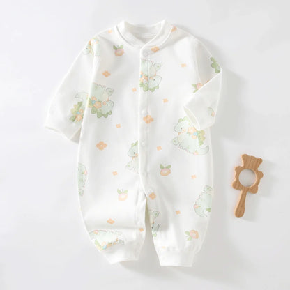 Long Sleeve Cotton Baby Romper with Front Snaps and Footless Cuffs, Animal Prints and Solid Colors for Boys and Girls, Sizes 59-90 cm