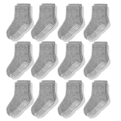 Cotton-Rich Baby Non-Slip Socks 12-Pair Pack, Crew Grip Socks with Ribbed Cuffs and Stretch Fit for Infant and Toddler Boys and Girls