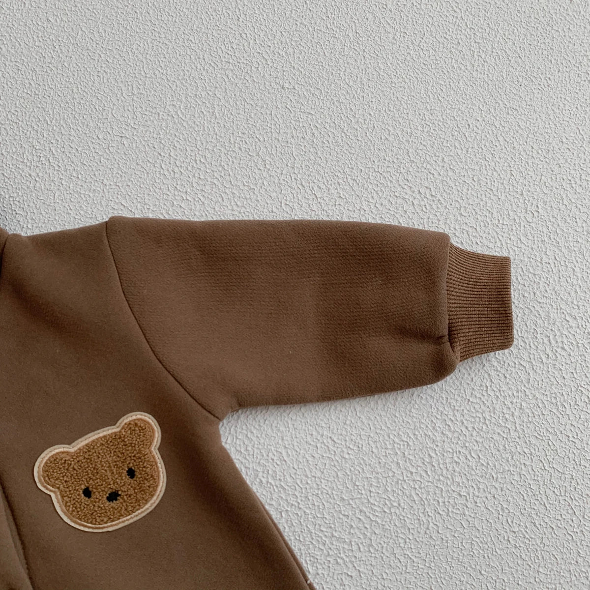 Baby Hooded Snap Front Jumpsuit with Bear Patch, Long Sleeve One-Piece Outfit in Coffee or Beige for Boys and Girls, Sizes 3M-18M