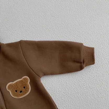Baby Hooded Snap Front Jumpsuit with Bear Patch, Long Sleeve One-Piece Outfit in Coffee or Beige for Boys and Girls, Sizes 3M-18M