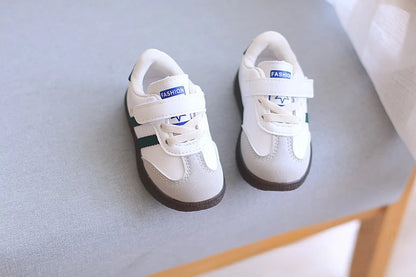 Toddler Twin Stripe Strap Sneakers with Faux PU Uppers and Lace Details, Black, Beige or Green Casual Shoes for Boys and Girls, 11.8-16 cm Inner Lengths