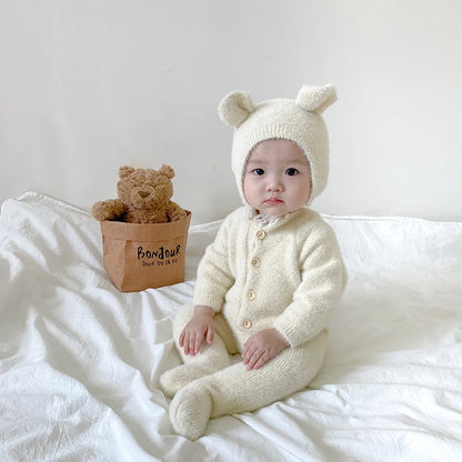 Plush Baby Footed Jumpsuit with Button Front, Bear-Inspired Autumn Winter One-Piece Outfit for Boys and Girls in Four Colors