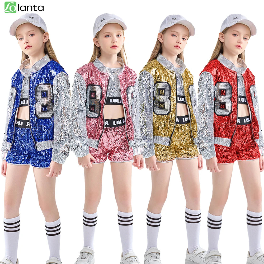 Girls Sequin Hip Hop Dance Costume Set with Metallic Trim Jacket, Crop Top, Shorts and Striped Socks for Jazz Recitals and Stage Performances