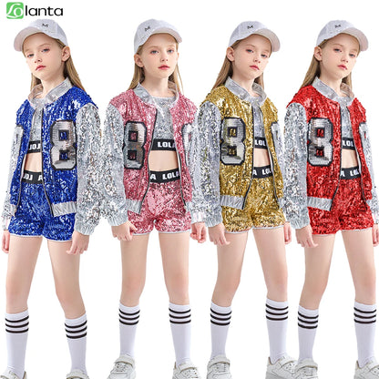 Girls Sequin Hip Hop Dance Costume Set with Metallic Trim Jacket, Crop Top, Shorts and Striped Socks for Jazz Recitals and Stage Performances