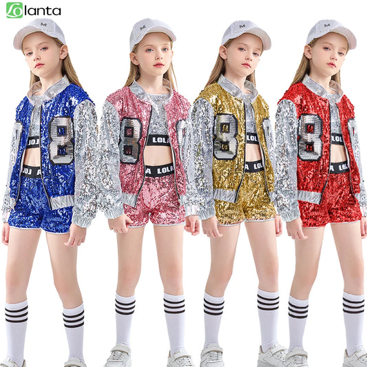 Girls Sequin Hip Hop Dance Costume Set with Metallic Trim Jacket, Crop Top, Shorts and Striped Socks for Jazz Recitals and Stage Performances