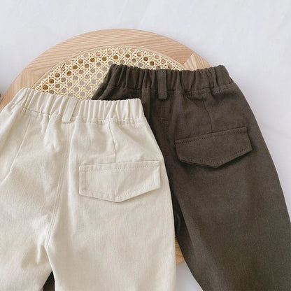 Toddler Cotton Canvas Pants with Elastic Waist and Side Pockets, Unisex Beige or Dark Gray Casual Trousers for Spring and Fall, Sizes 12M-6T