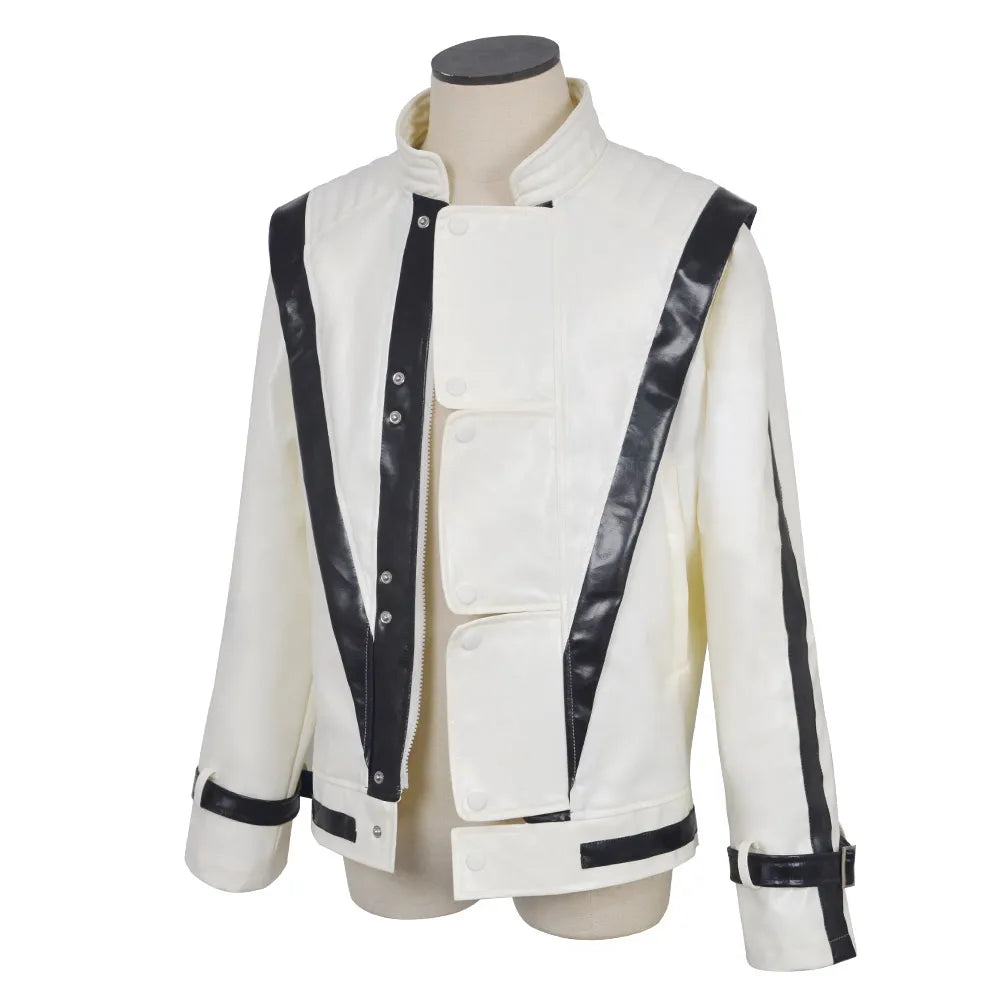 Red Thriller-Style Costume Jacket with Black Contrast Panels, Stand Collar and Cuff Straps for Pop-Inspired Cosplay, Halloween and Stage Performances