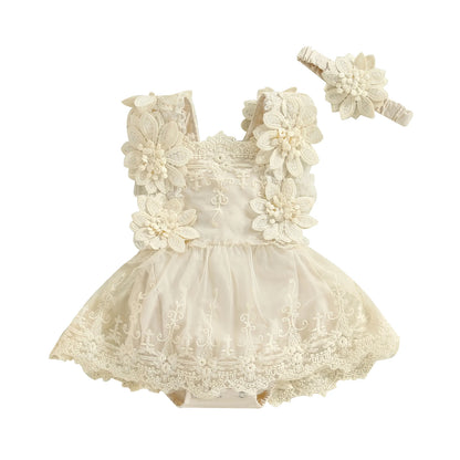 Floral Lace Baby Romper Dress with Matching Headband, Raised Flower Bodice and Sleeveless Square Neck for Parties and Milestone Photos, 0-18 Months