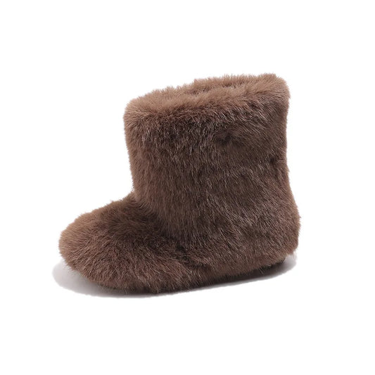 Girls Allover Fuzzy Ankle Boots with Rounded Toes and Pull-On Styling, Brown, Tan and Cream Fashion Footwear for Fall and Winter Outfits