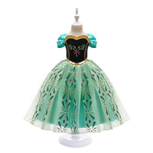 Anna Princess Costume Dress for Girls with Green Printed Skirt and Puff Sleeves, Kids Birthday Party Outfit for Halloween, Carnival and Pretend Play