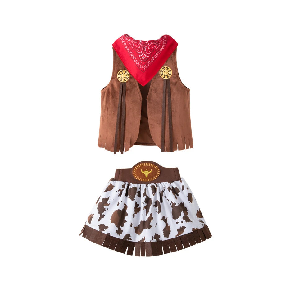 Girls Cowgirl Costume Set with Brown Fringe Vest, Cow-Print Skirt, Hat and Bandana, Western Dress-Up Outfit for Halloween and Birthday Parties