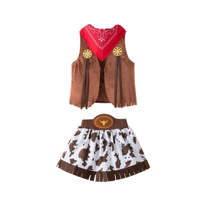 Girls Cowgirl Costume Set with Brown Fringe Vest, Cow-Print Skirt, Hat and Bandana, Western Dress-Up Outfit for Halloween and Birthday Parties