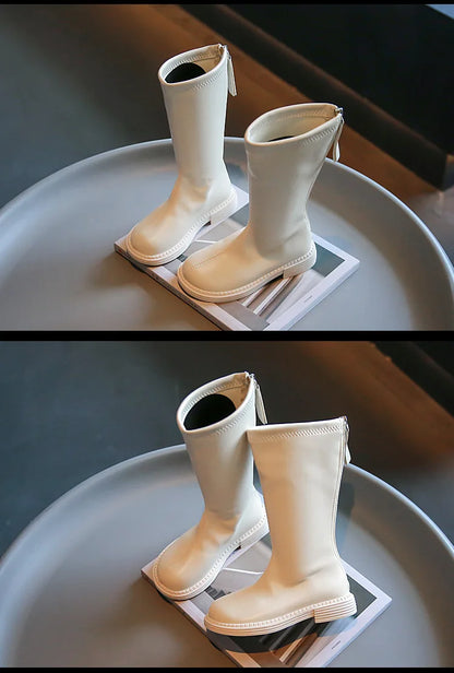 Back-Zip Girls Tall Boots in PU with Round Toes and Minimalist Styling, Khaki, Beige or Black Fashion Shoes for Spring and Autumn, Sizes 26-36
