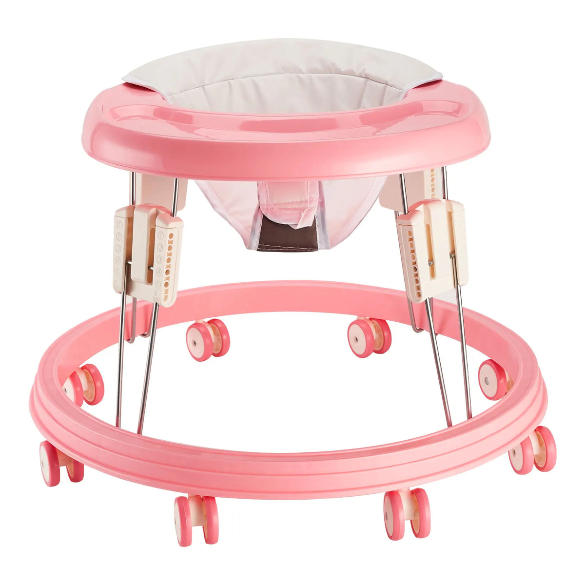 Foldable Seated Baby Walker in Pink with 5 Height Settings, Circular Wheeled Base, Tray and Seat for Indoor Use with Adult Supervision