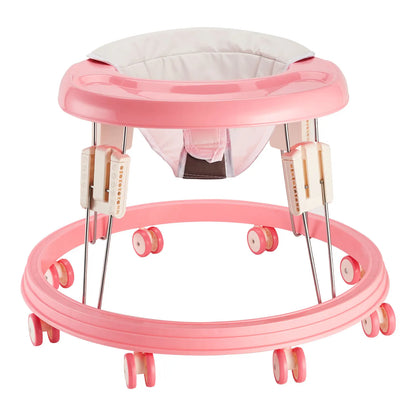Foldable Seated Baby Walker in Pink with 5 Height Settings, Circular Wheeled Base, Tray and Seat for Indoor Use with Adult Supervision