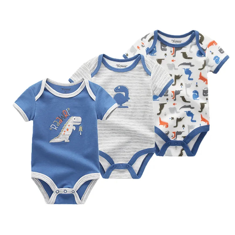 Cotton Infant Bodysuit Trio with Short Sleeves, Printed and Solid Baby One-Piece Outfits with Bottom Snaps for Boys and Girls, 3M-12M