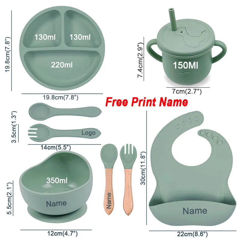 Personalized Silicone Baby Tableware Set, 8-Piece Collection with Divided Plate, Suction Bowl, Pocket Bib, Straw Cup and Two Utensil Pairs